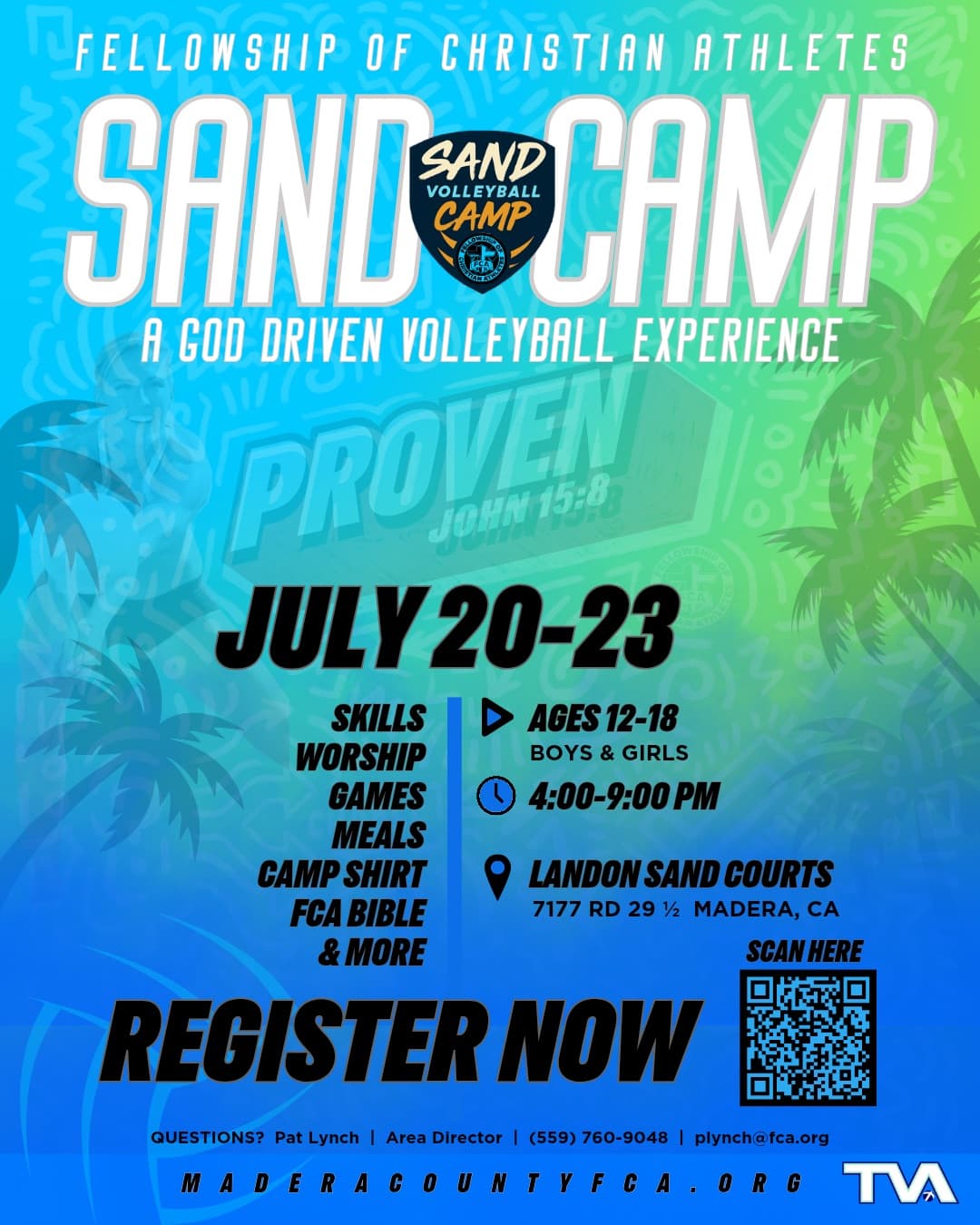 FCA Sand Camp flyer - July 20-23, ages 12-18, Landon Sand Courts, Madera CA